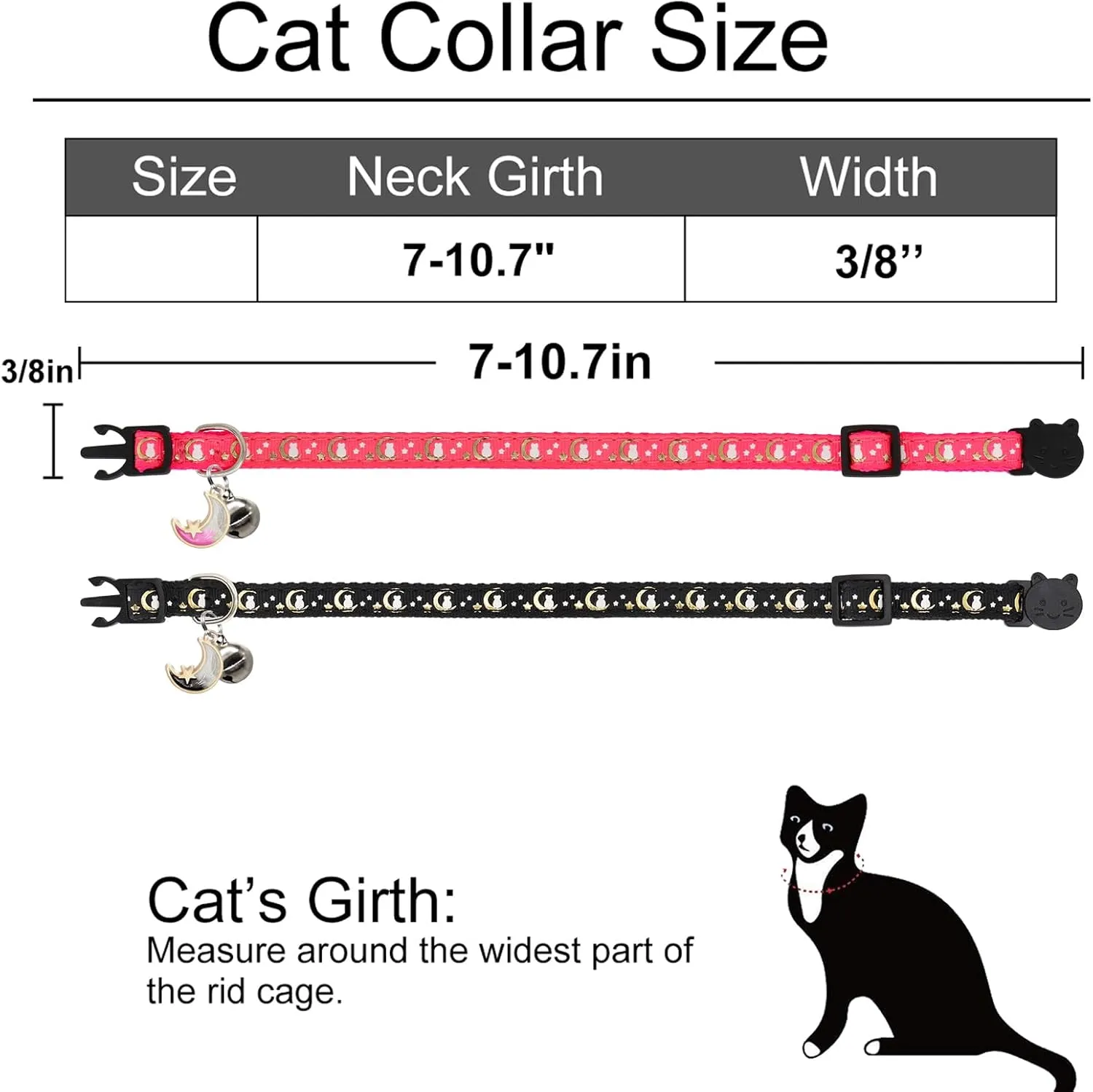 2 Pack Breakaway Cat Collar with Bells, Adjustable Moon and Star Kitten Safety Collars for Boys & Girls, Black Hotpink