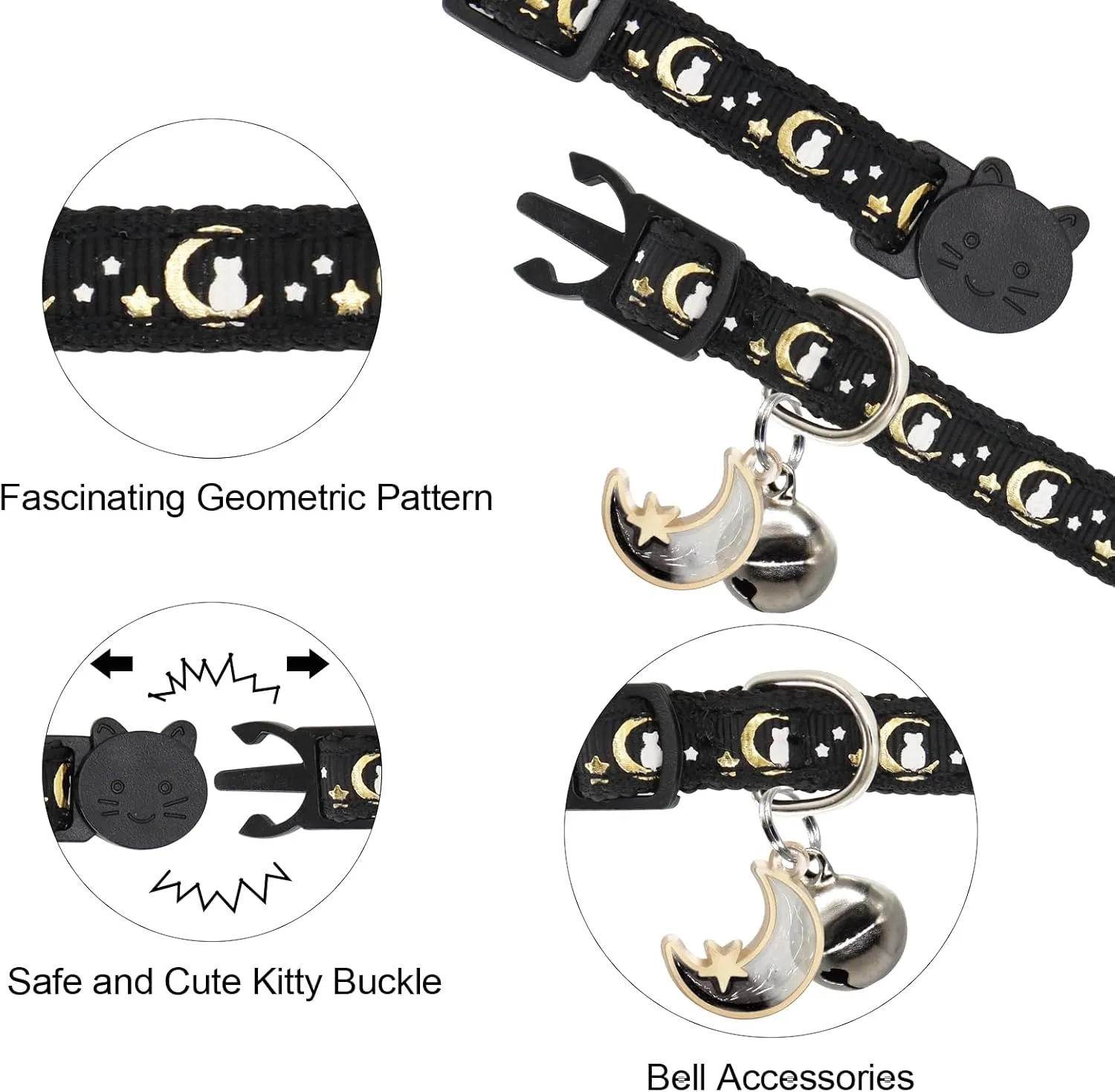 2 Pack Breakaway Cat Collar with Bells, Adjustable Moon and Star Kitten Safety Collars for Boys & Girls, Black Hotpink