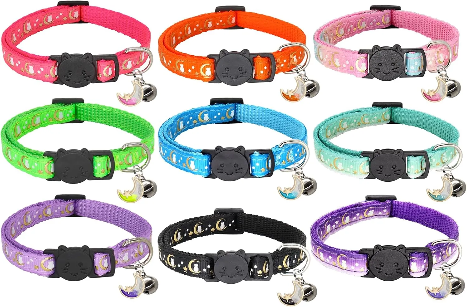 2 Pack Breakaway Cat Collar with Bells, Adjustable Moon and Star Kitten Safety Collars for Boys & Girls, Black Hotpink