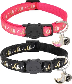 2 Pack Breakaway Cat Collar with Bells, Adjustable Moon and Star Kitten Safety Collars for Boys & Girls, Black Hotpink