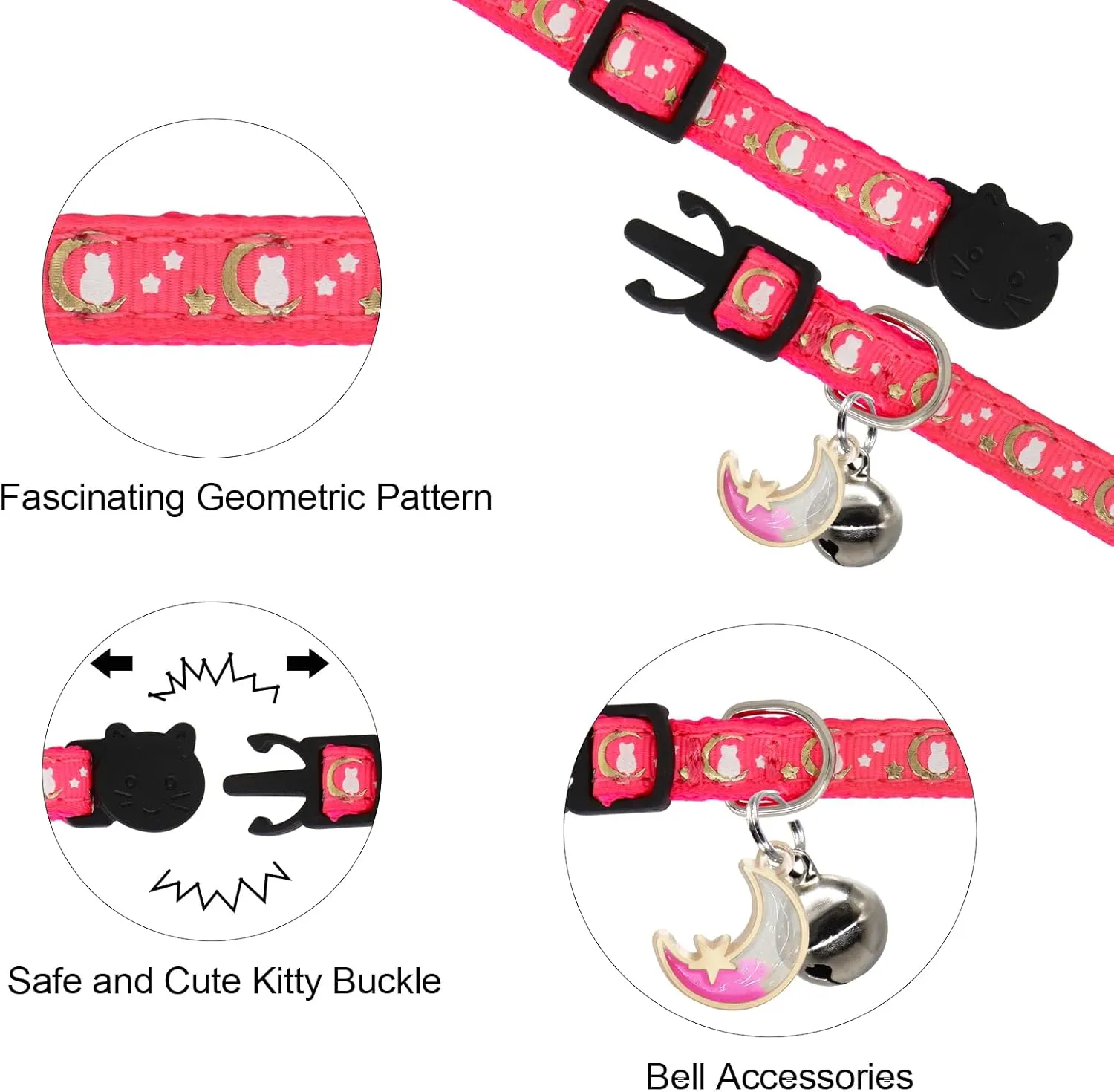 2 Pack Breakaway Cat Collar with Bells, Adjustable Moon and Star Kitten Safety Collars for Boys & Girls, Black Hotpink
