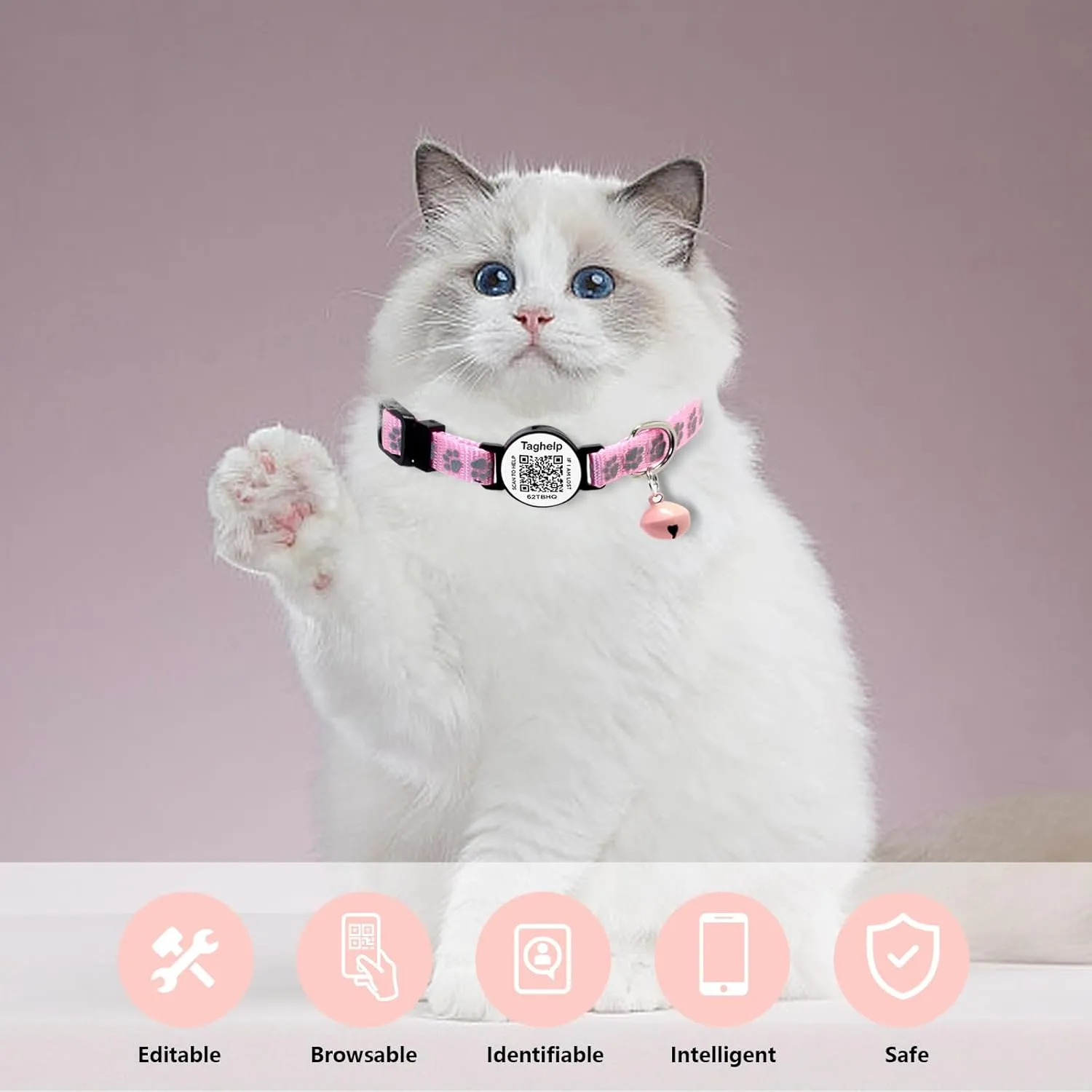 2 Pack Cat Collar Smart ID tag with Bells, Reflective Cat Collars Breakaway with Qr Code, Adjustable Kitten Collar with Name Tag | Real-time scan alerts (Pink & Purple)