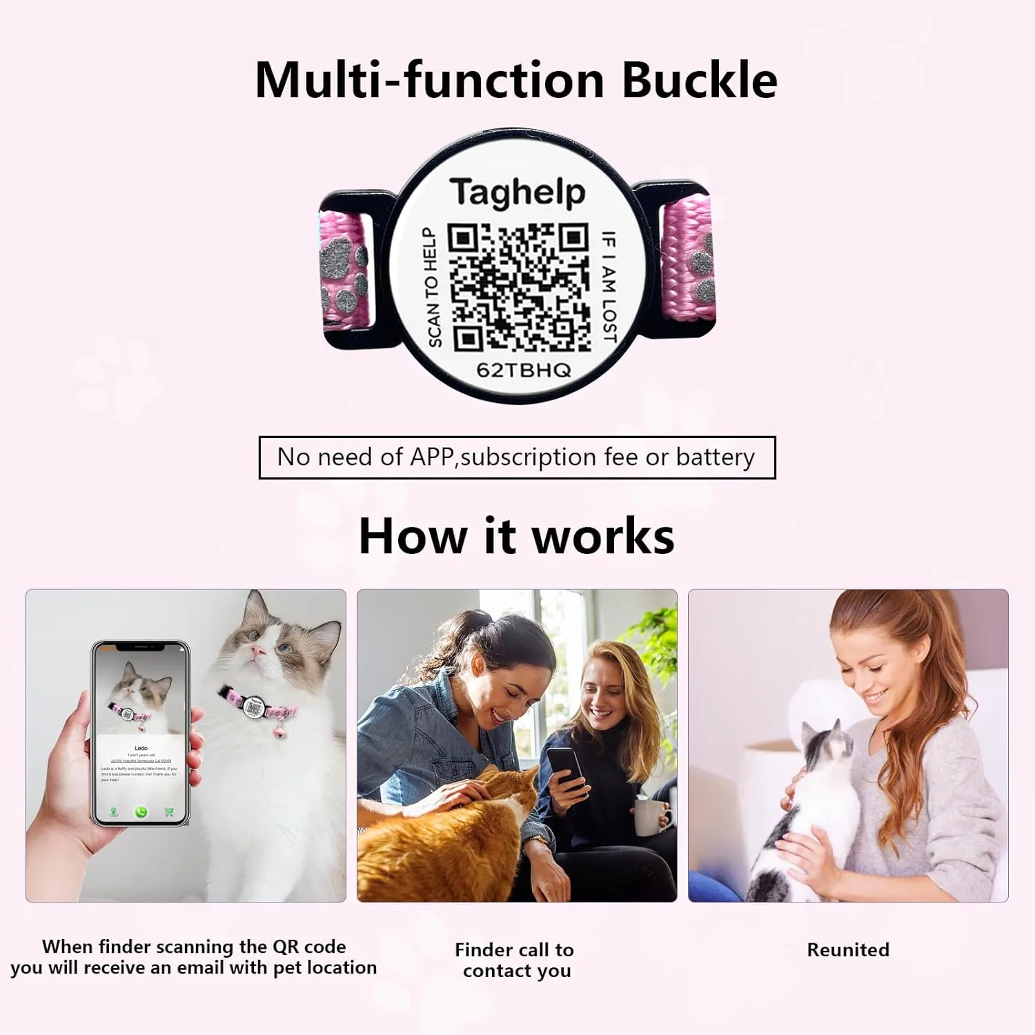 2 Pack Cat Collar Smart ID tag with Bells, Reflective Cat Collars Breakaway with Qr Code, Adjustable Kitten Collar with Name Tag | Real-time scan alerts (Pink & Purple)