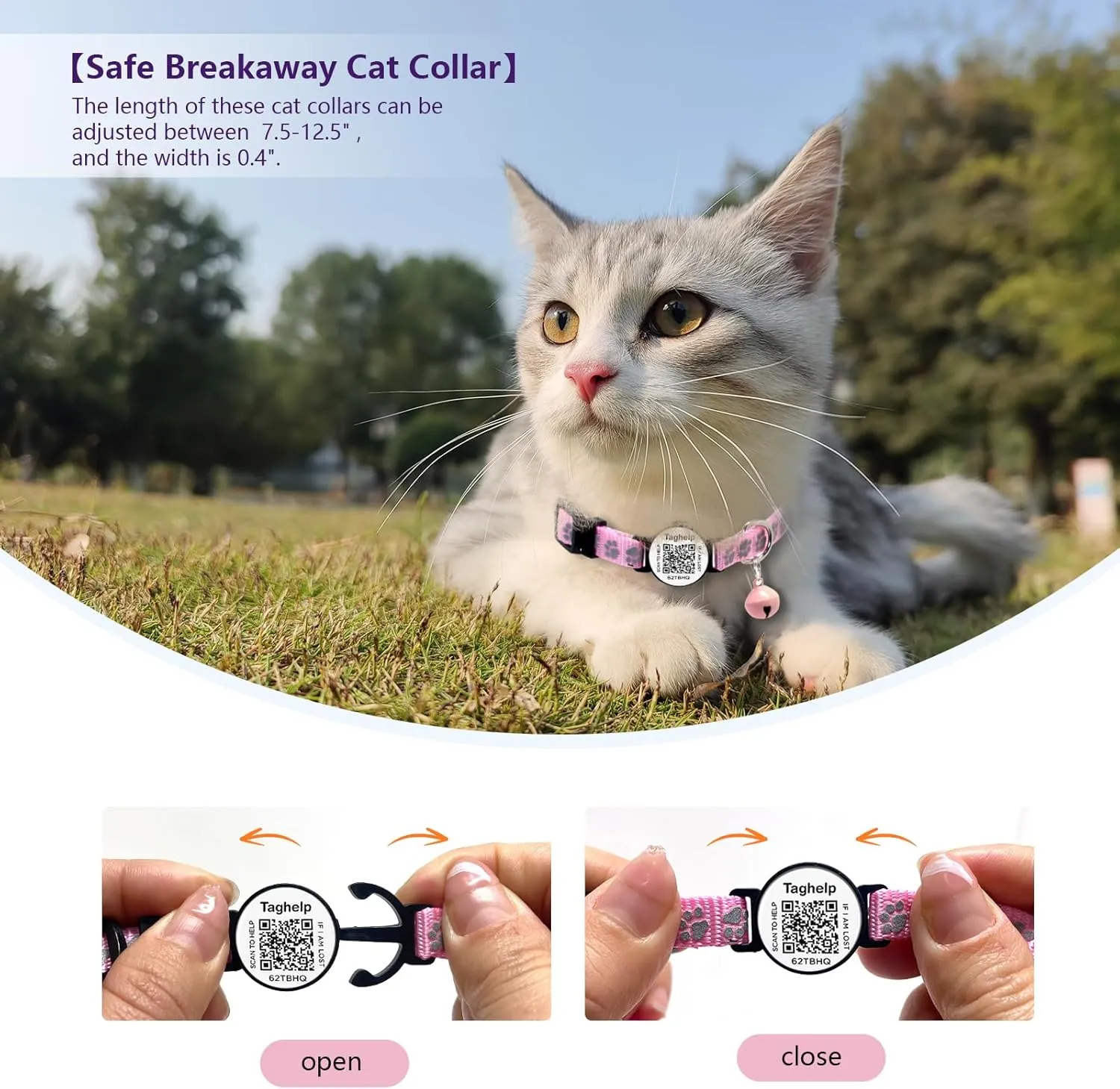 2 Pack Cat Collar Smart ID tag with Bells, Reflective Cat Collars Breakaway with Qr Code, Adjustable Kitten Collar with Name Tag | Real-time scan alerts (Pink & Purple)