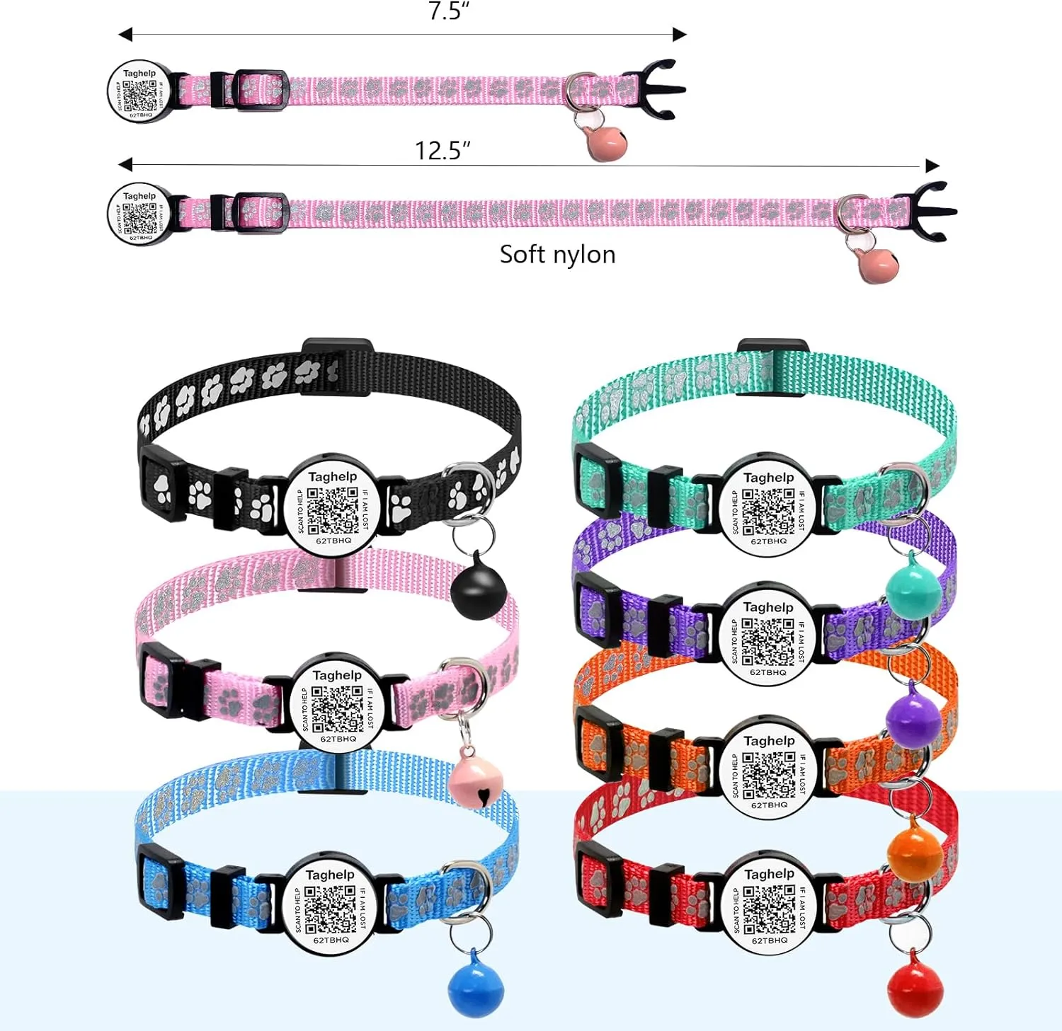 2 Pack Cat Collar Smart ID tag with Bells, Reflective Cat Collars Breakaway with Qr Code, Adjustable Kitten Collar with Name Tag | Real-time scan alerts (Pink & Purple)