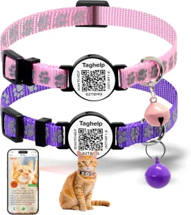 2 Pack Cat Collar Smart ID tag with Bells, Reflective Cat Collars Breakaway with Qr Code, Adjustable Kitten Collar with Name Tag | Real-time scan alerts (Pink & Purple)