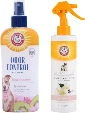 Arm & Hammer Dog Deodorizing Spray Bundle - Super Deodorizing Spray, Kiwi Blossom & Waterless Bath Spray, White Jasmine, Odor Eliminator & Dry Shampoo for Dogs & Puppies - 8 Fl Oz Each