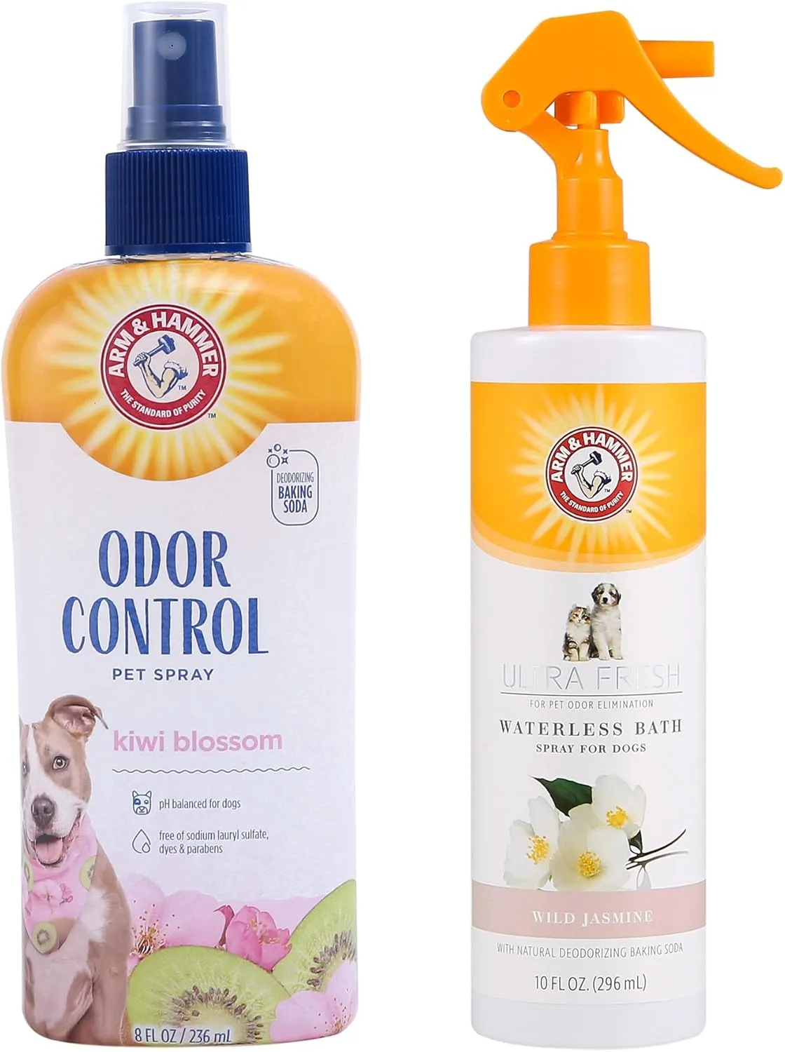 Arm & Hammer Dog Deodorizing Spray Bundle - Super Deodorizing Spray, Kiwi Blossom & Waterless Bath Spray, White Jasmine, Odor Eliminator & Dry Shampoo for Dogs & Puppies - 8 Fl Oz Each