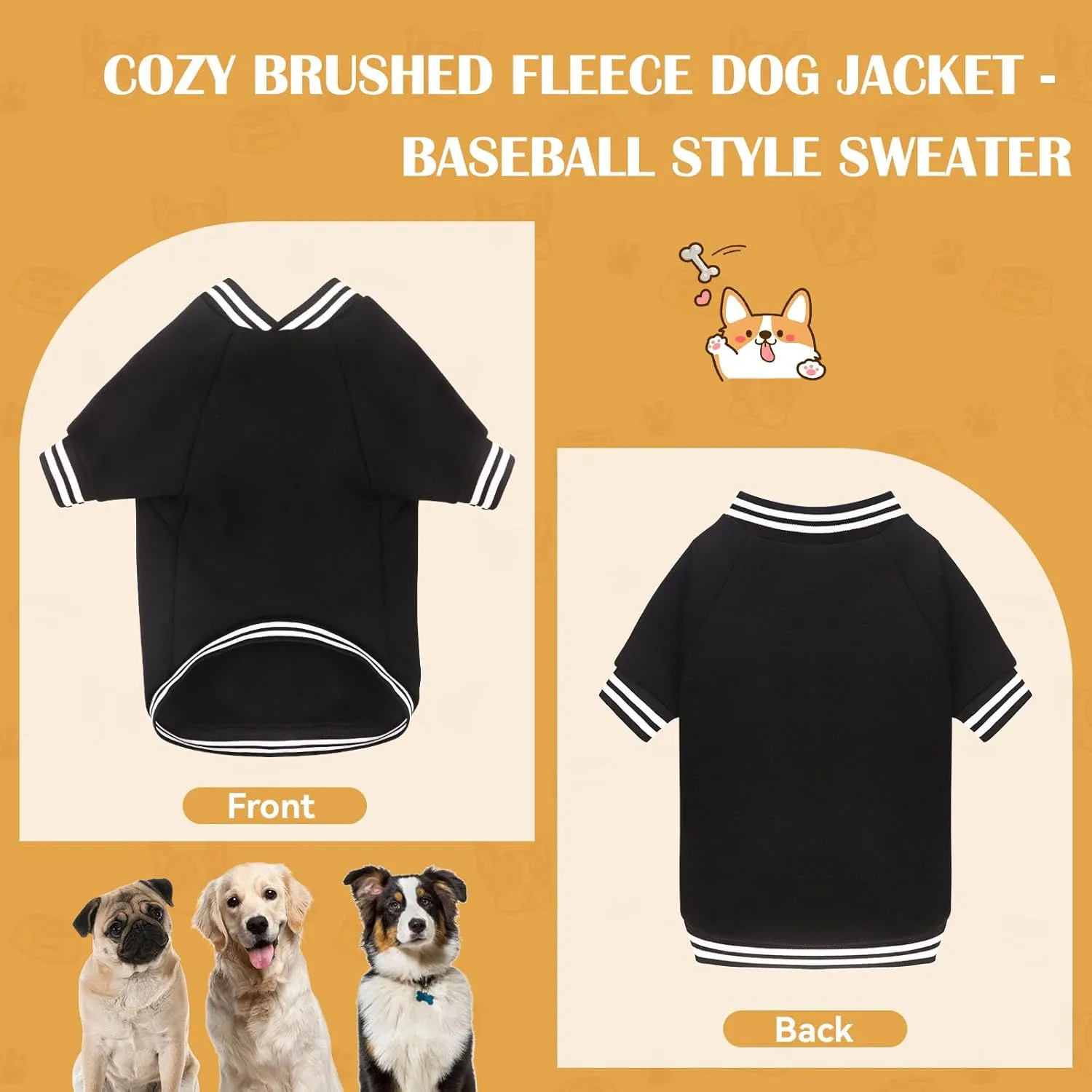 Baseball Jacket Dog Sweater Brushed Fleece Soft Warm Sweatshirt for Small Dogs Puppy Boy Girl Pet(Black-XS)