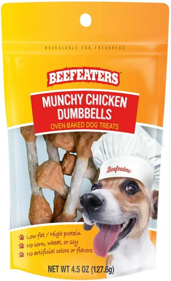 Beefeaters Dog Treats - Munchy Chicken Dumbbells 4.5oz, Case of 6 | Dog Food Savory Real Chicken & Beef Hide Treats | High Protein & Low Fat | Training Treats for All Dog Sizes
