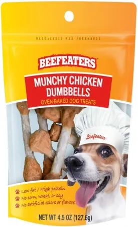 Beefeaters Dog Treats - Munchy Chicken Dumbbells 4.5oz, Case of 6 | Dog Food Savory Real Chicken & Beef Hide Treats | High Protein & Low Fat | Training Treats for All Dog Sizes