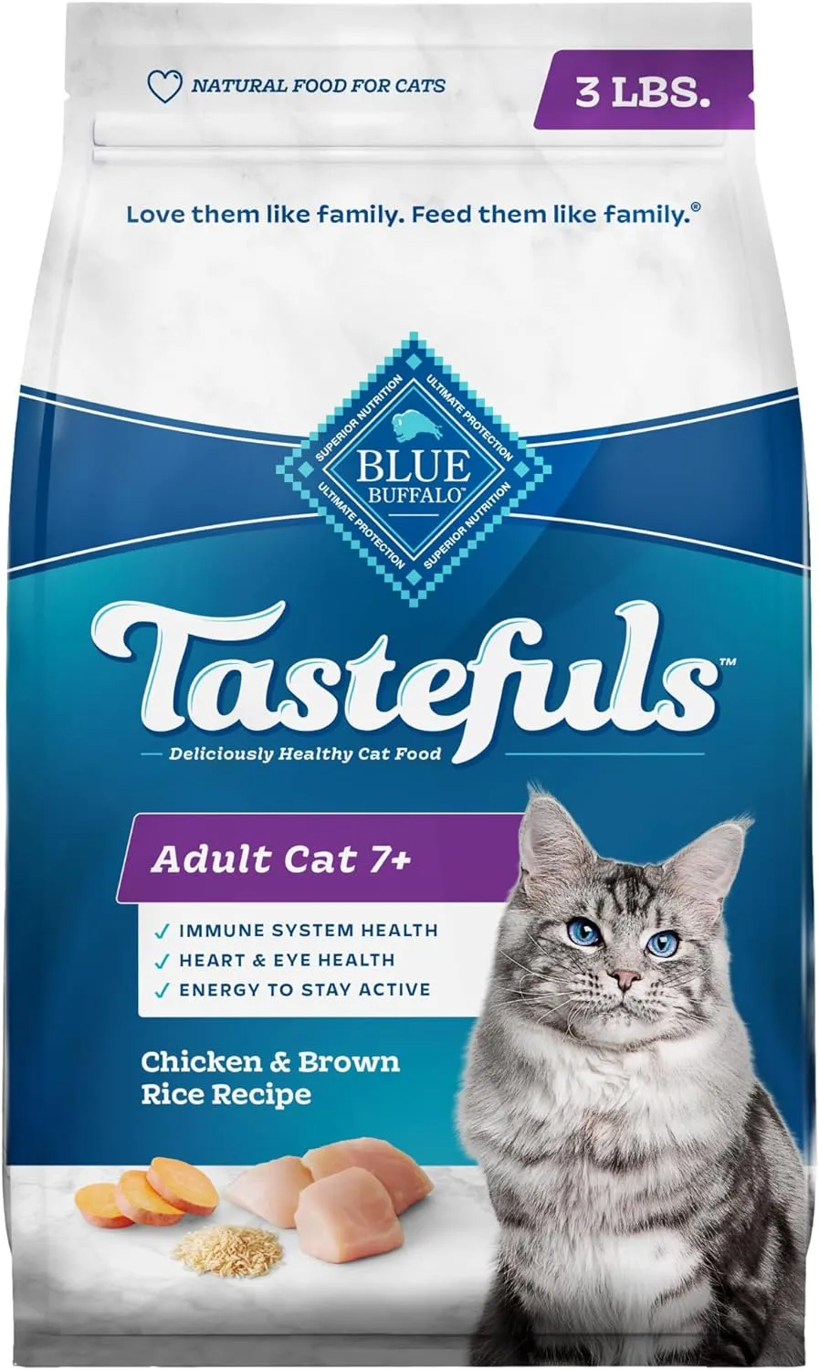 Blue Buffalo Tastefuls Mature Dry Cat Food for Adult Cats 7 , Made in the USA with Natural Ingredients, Chicken & Brown Rice Recipe, 3-lb. Bag