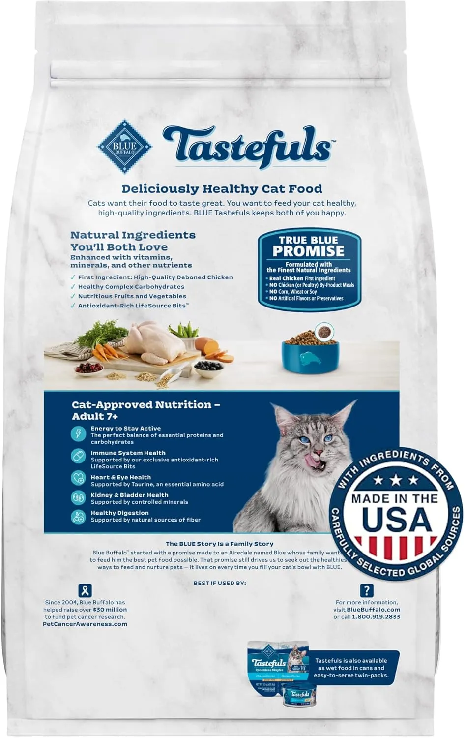 Blue Buffalo Tastefuls Mature Dry Cat Food for Adult Cats 7 , Made in the USA with Natural Ingredients, Chicken & Brown Rice Recipe, 3-lb. Bag