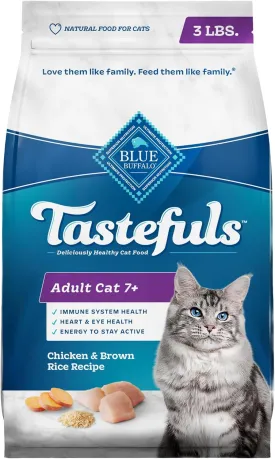 Blue Buffalo Tastefuls Mature Dry Cat Food for Adult Cats 7 , Made in the USA with Natural Ingredients, Chicken & Brown Rice Recipe, 3-lb. Bag