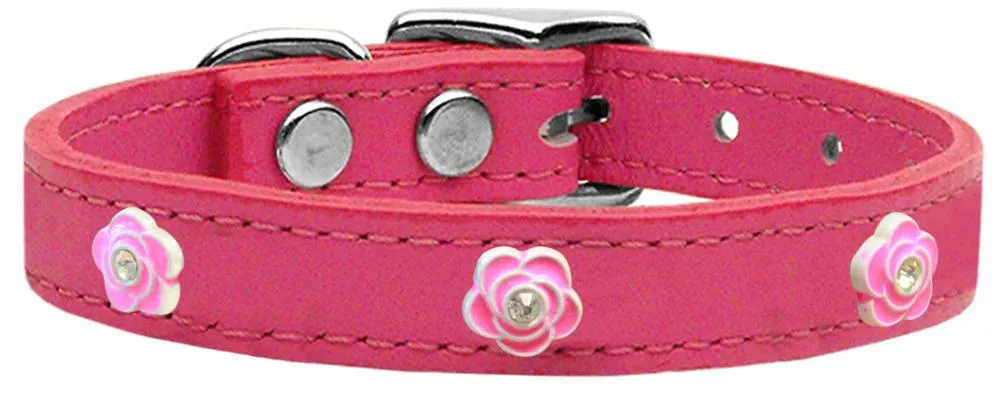 Bright Pink Rose Widget Genuine Leather Dog Collar Pink 22