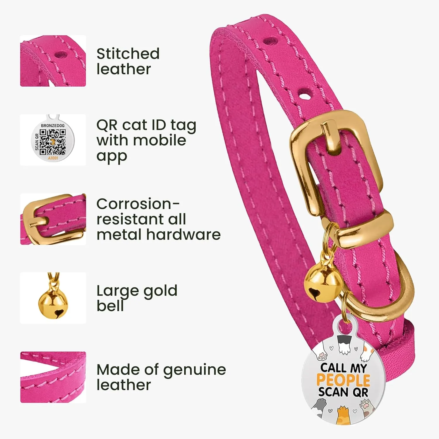 BRONZEDOG Leather Cat Collar with Removable Bells Non Breakaway Kitten QR Tag for Girl Boy (9" - 12" Cats/Mini Dogs, Pink & Gold)