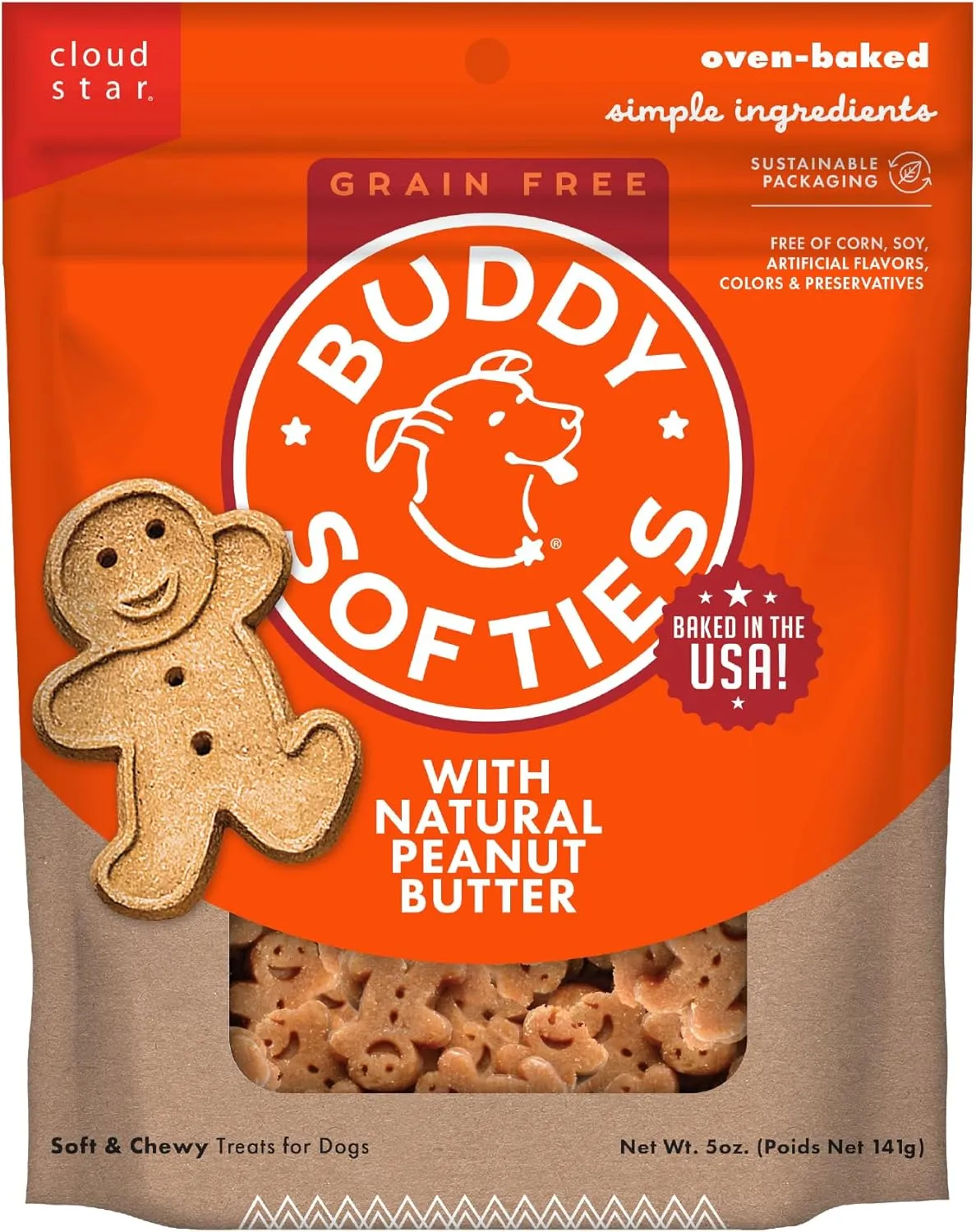 Buddy Biscuit Softies 5 oz. Pouch, Grain-Free Soft & Chewy, Natural Peanut Butter Flavor Dog Treats, Oven Baked in the USA