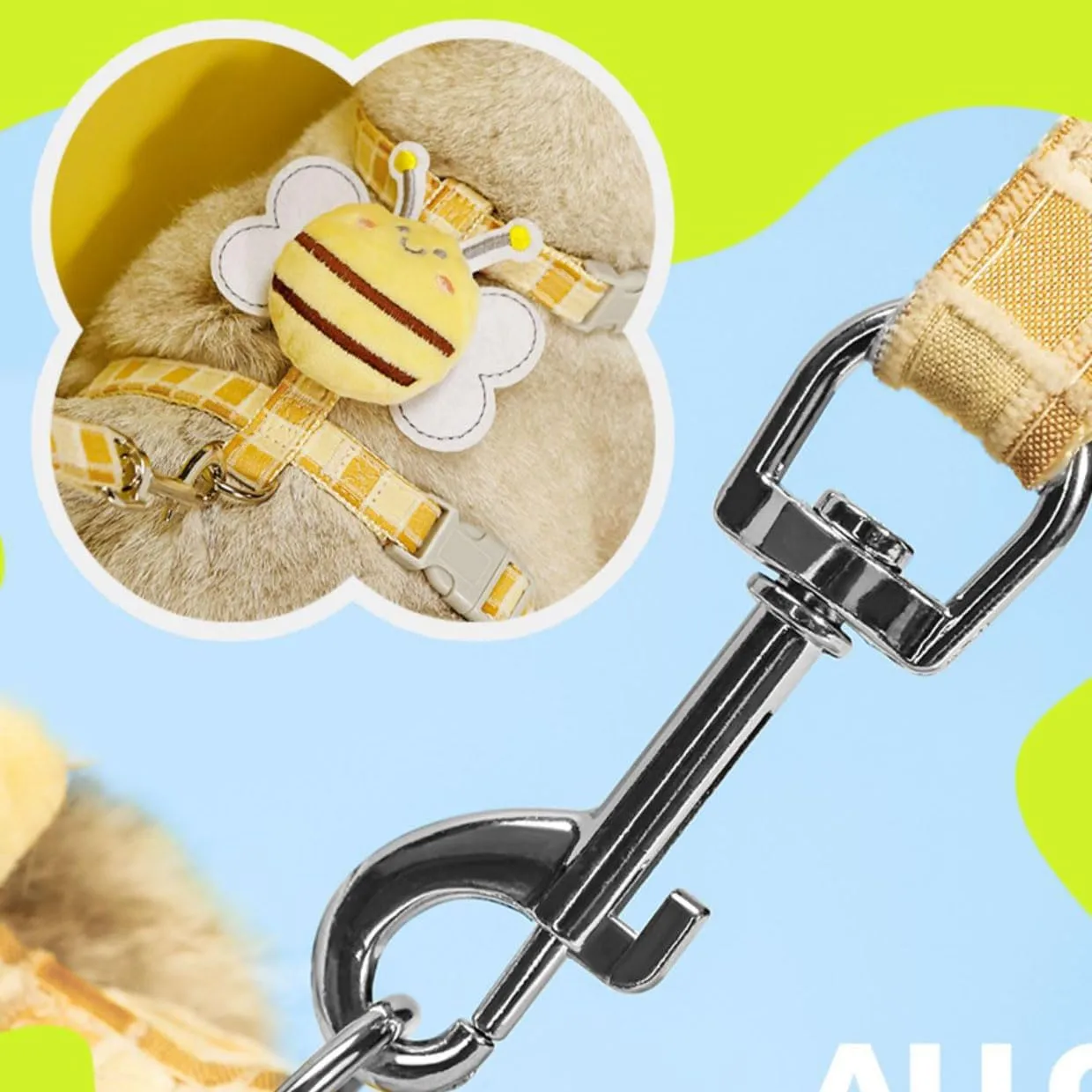 Cat Harness & Leash Set, Cats Escape Proof - Adjustable Kitten Harness for Large Small Cats, Cute Bee Plaid Lightweight Soft Petsafe Harness (Yellow Plaid Bee, M (for 7.0-16.5lb))