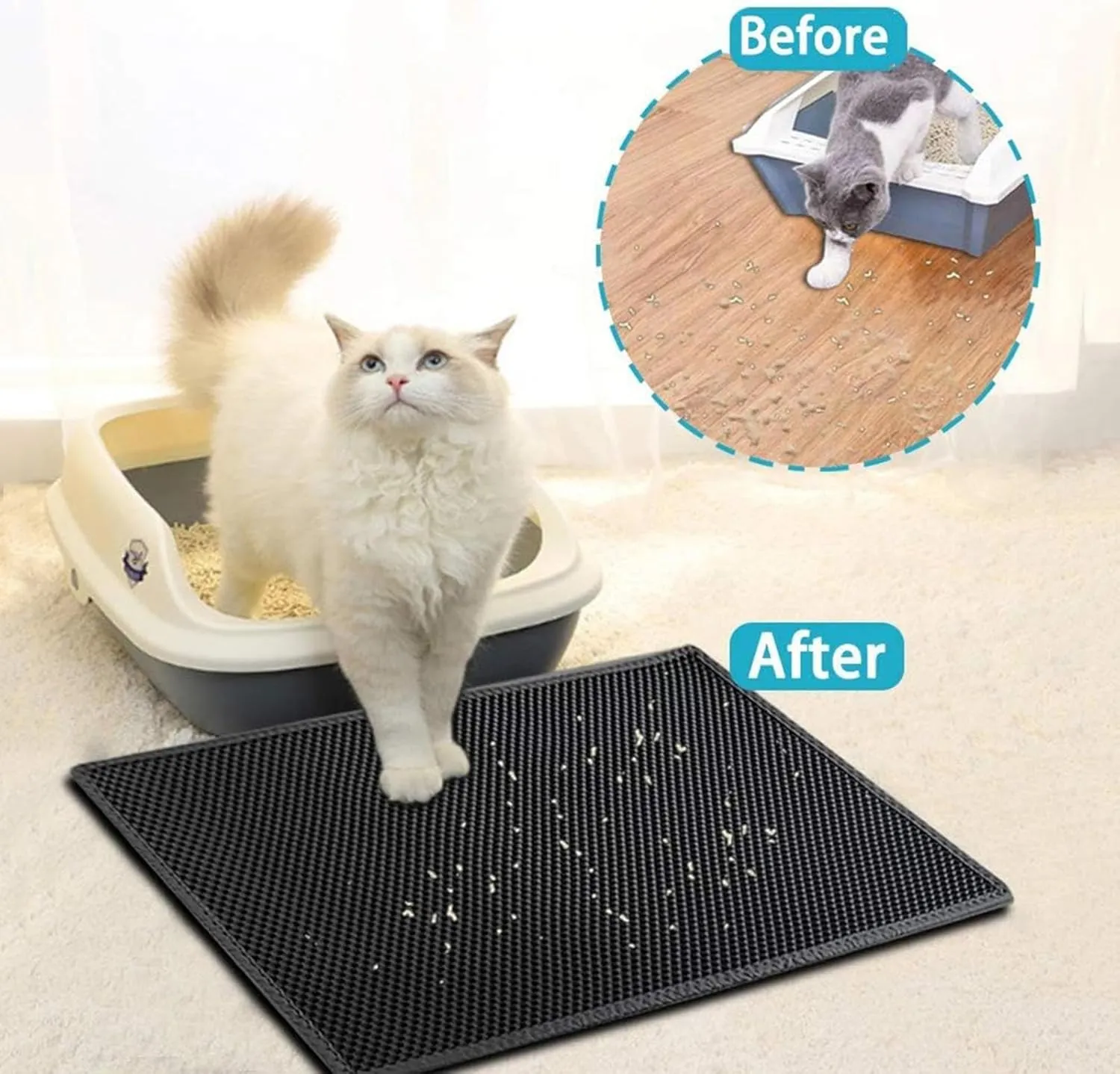 Cat Litter Box Mat, Honeycomb Double Layer Easy Clean Cat Litter Trap Mat Less Waste,Soft On Paws,Non-Slip, Litter Mat for Litter Box,Yellow-L