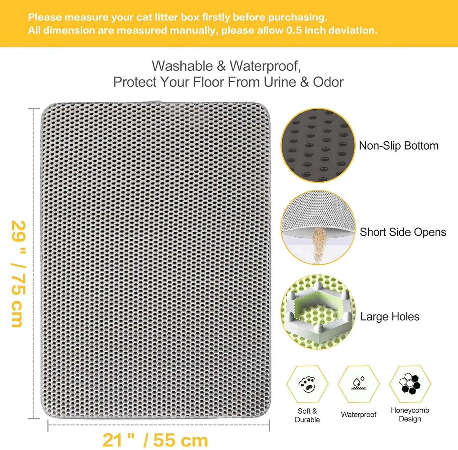 Cat Litter Box Mat, Honeycomb Double Layer Easy Clean Cat Litter Trap Mat Less Waste,Soft On Paws,Non-Slip, Litter Mat for Litter Box,Yellow-L
