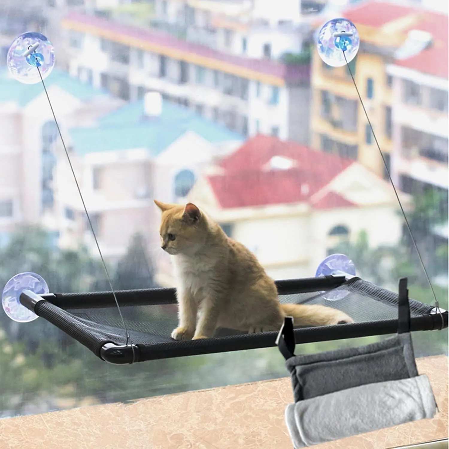Cat Window Perch,Cat Window Hammock with Four Large Suction Cups Easy-Install, No Tools Required,Cat Bed Space-Saving for Comfortable Resting and Sunbathing (Black, Large)
