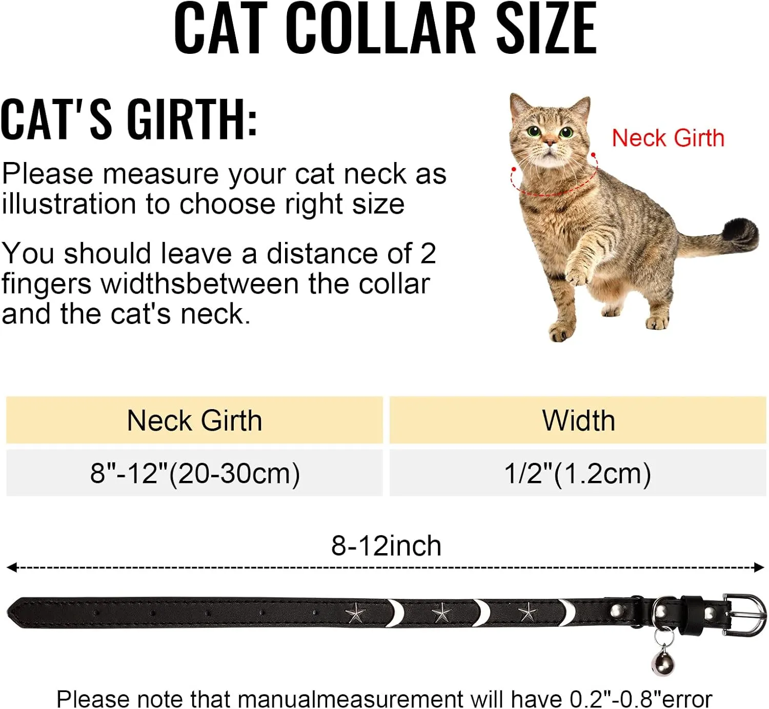 CHUKCHI Leather Cat Collars for Boy Girl Cats with Bell and Safety Elastic Belt, Personalized Star and Moon Stud Adjustable Safe Buckle Collar for Kitty Small Big Cats Size 8-12 InchRose (Black)