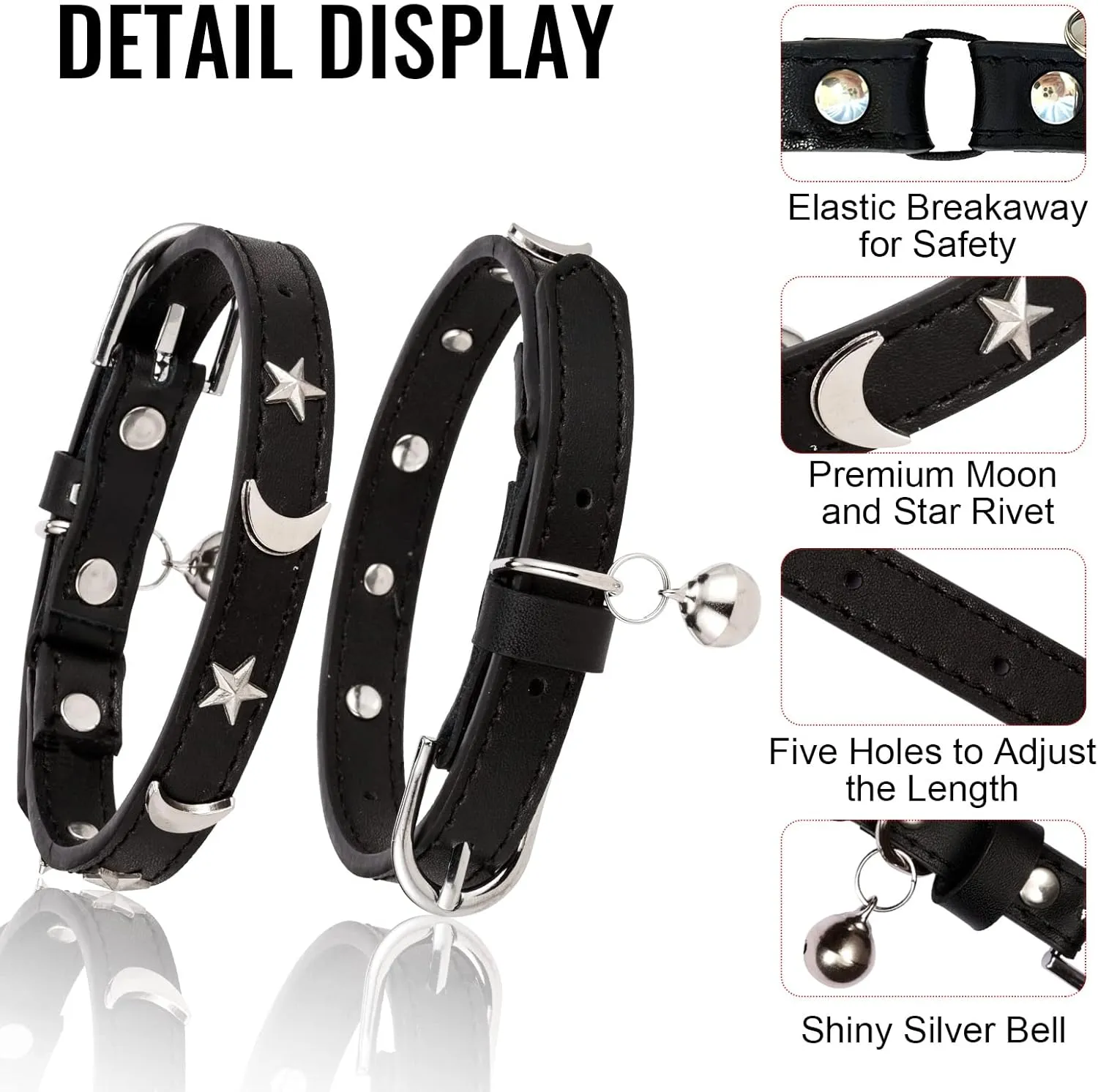 CHUKCHI Leather Cat Collars for Boy Girl Cats with Bell and Safety Elastic Belt, Personalized Star and Moon Stud Adjustable Safe Buckle Collar for Kitty Small Big Cats Size 8-12 InchRose (Black)