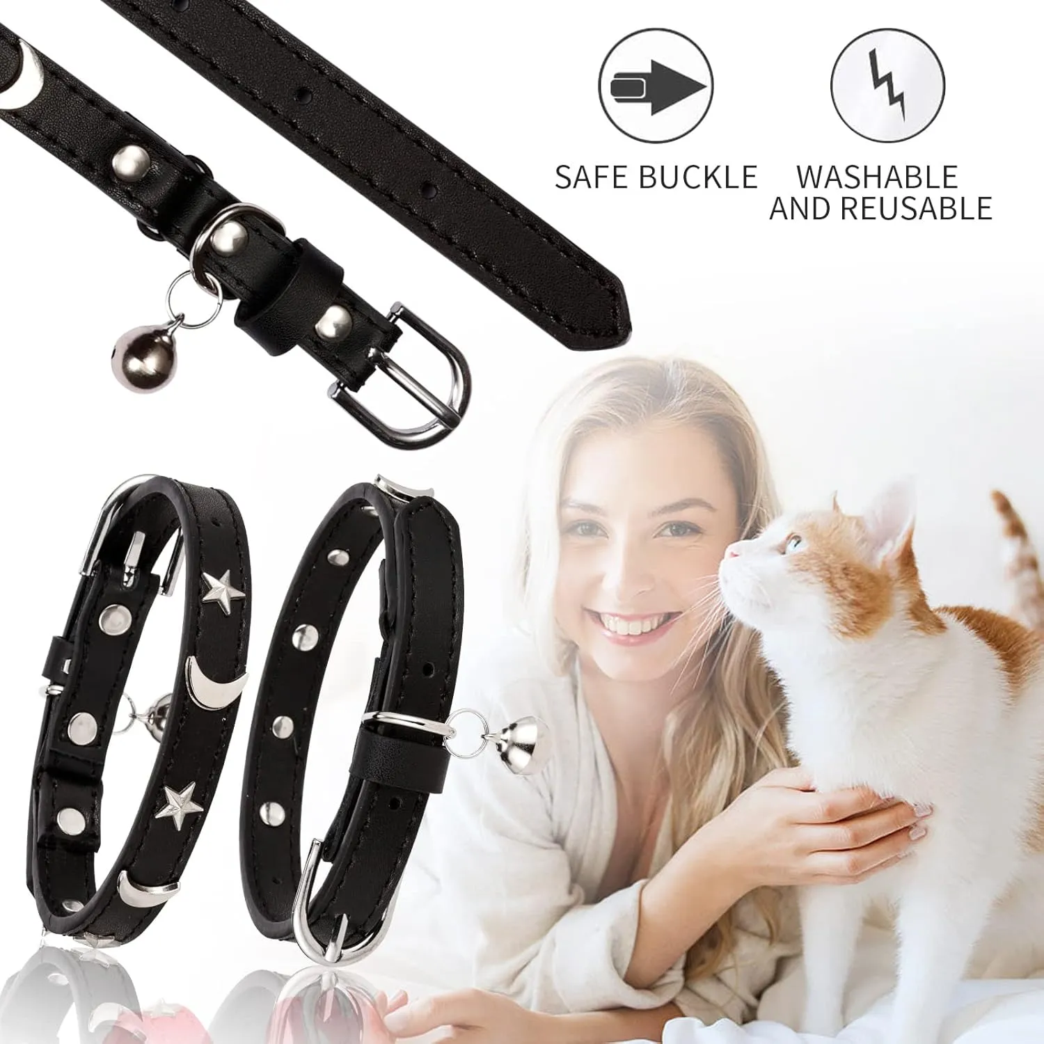 CHUKCHI Leather Cat Collars for Boy Girl Cats with Bell and Safety Elastic Belt, Personalized Star and Moon Stud Adjustable Safe Buckle Collar for Kitty Small Big Cats Size 8-12 InchRose (Black)