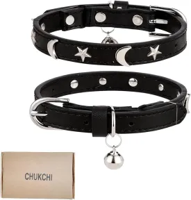 CHUKCHI Leather Cat Collars for Boy Girl Cats with Bell and Safety Elastic Belt, Personalized Star and Moon Stud Adjustable Safe Buckle Collar for Kitty Small Big Cats Size 8-12 InchRose (Black)