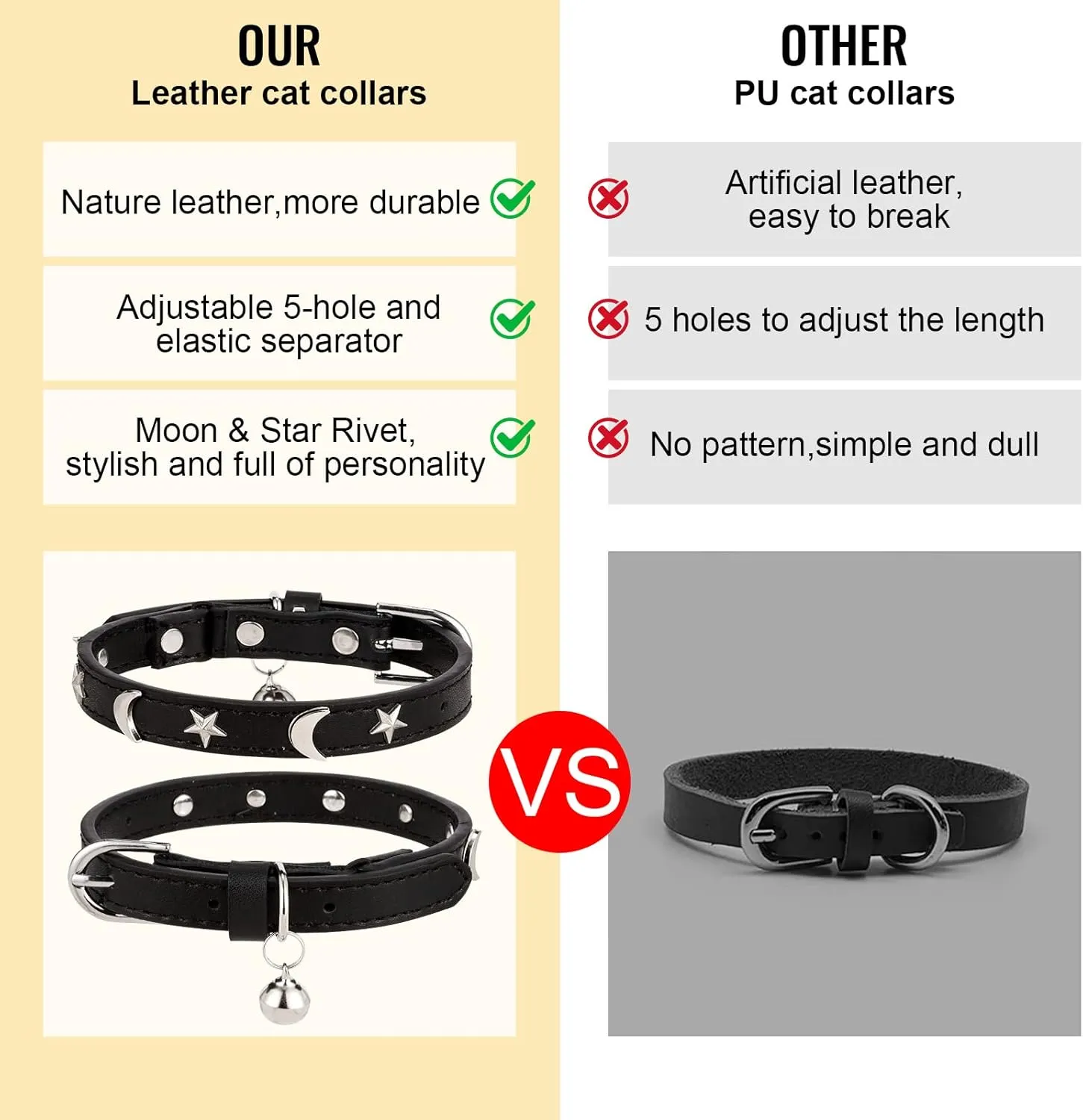 CHUKCHI Leather Cat Collars for Boy Girl Cats with Bell and Safety Elastic Belt, Personalized Star and Moon Stud Adjustable Safe Buckle Collar for Kitty Small Big Cats Size 8-12 InchRose (Black)
