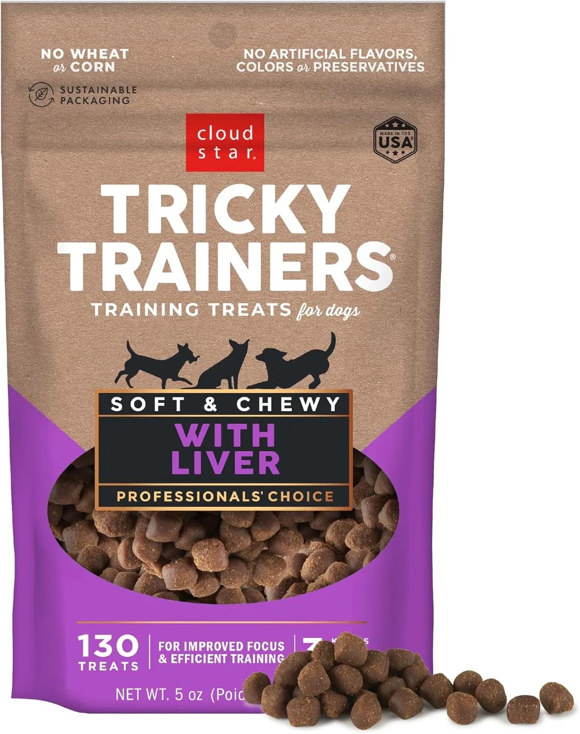 Cloud Star Tricky Trainers Soft & Chewy Dog Training Treats 5 oz Pouch, Liver Flavor, Low Calorie Behavior Aid with 130 treats