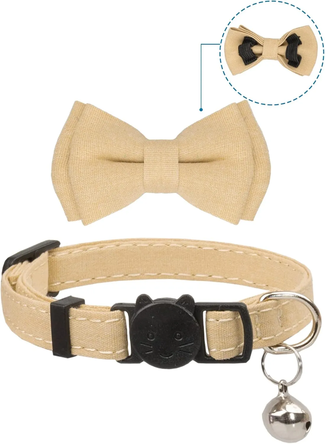 Collar for Cat Pet Breakaway with Bell Bowtie Detachable Bow Adjustable Safety Kitten Puppy Girl Boy 2pcs Beige Leopard & Pure