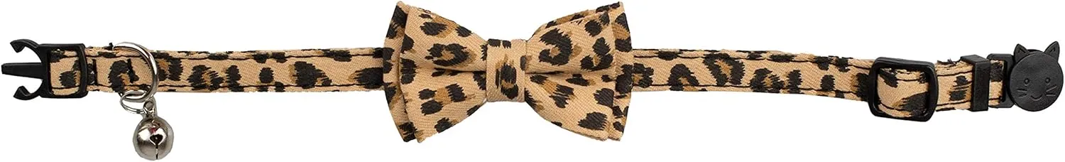 Collar for Cat Pet Breakaway with Bell Bowtie Detachable Bow Adjustable Safety Kitten Puppy Girl Boy 2pcs Beige Leopard & Pure