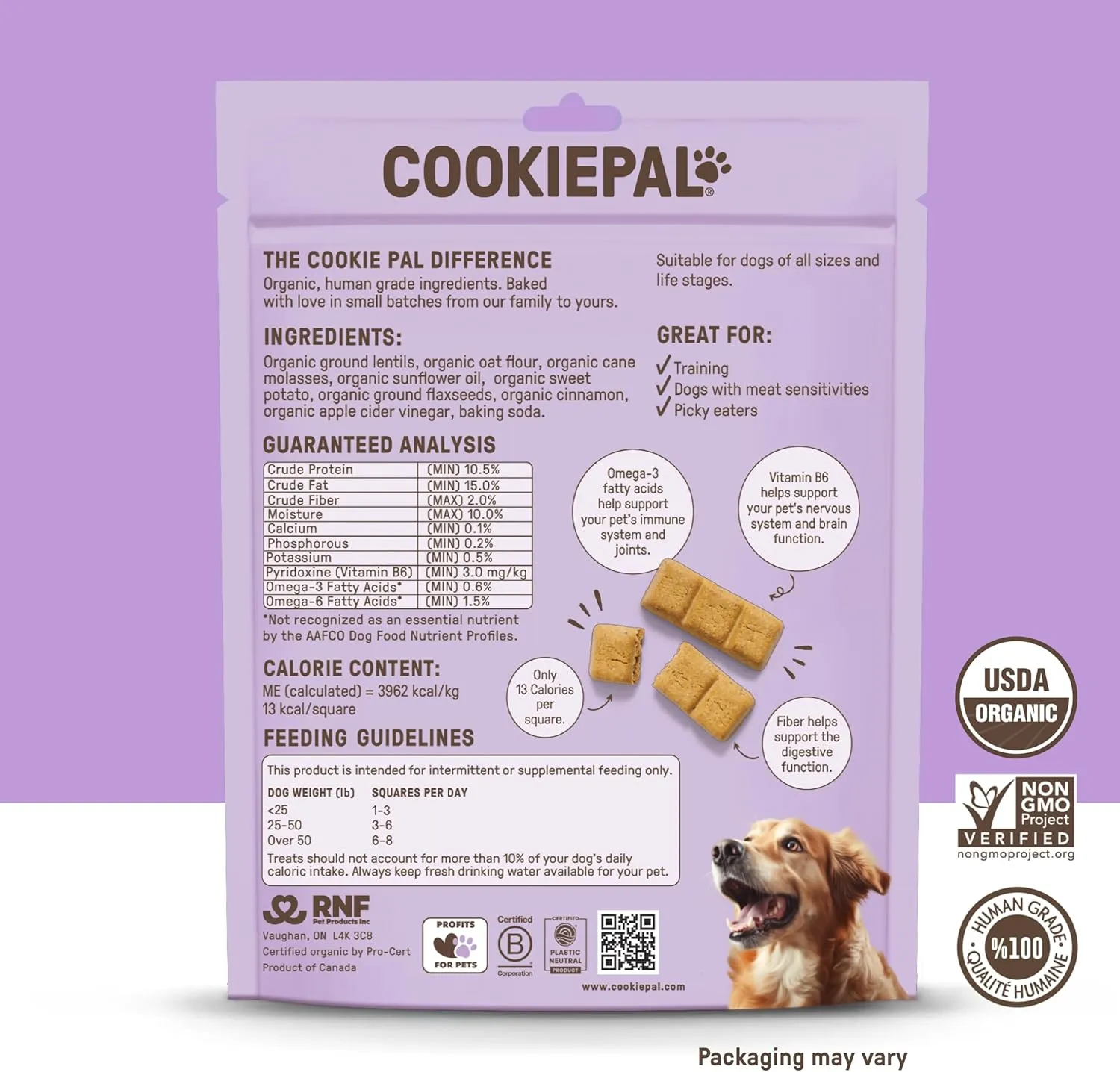 Cookie PAL Sweet Potato Dog Treats with Flaxseed, Crunchy Human Grade USDA Organic Puppy Treats for Training, Biscuits, 10oz (Pk of 3)