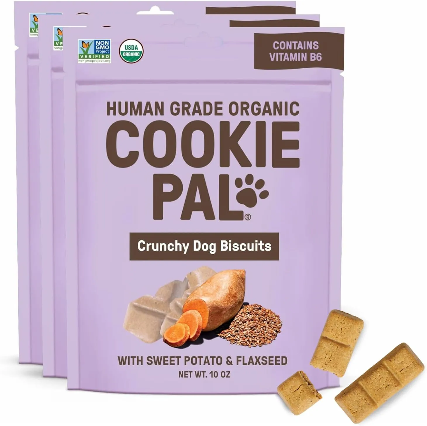 Cookie PAL Sweet Potato Dog Treats with Flaxseed, Crunchy Human Grade USDA Organic Puppy Treats for Training, Biscuits, 10oz (Pk of 3)
