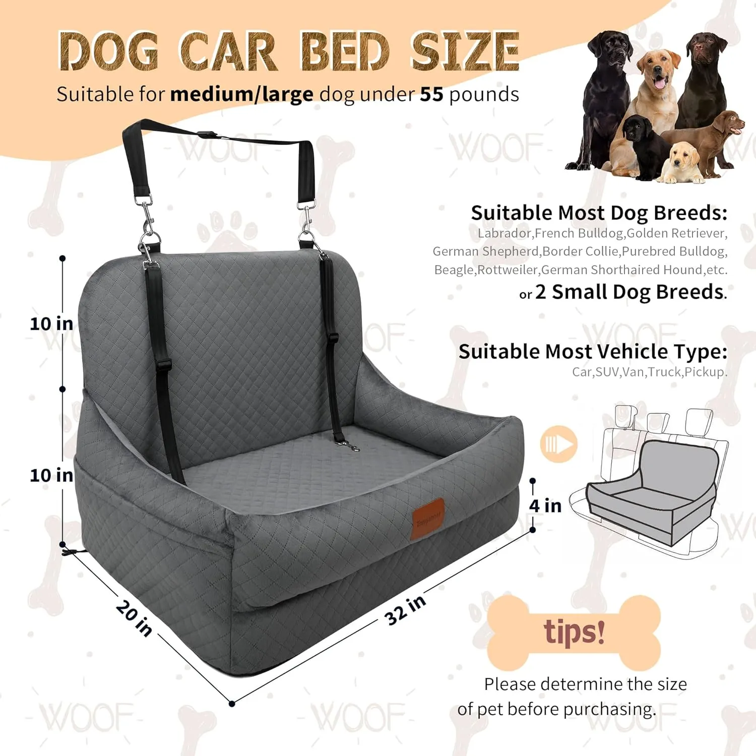 Dog Car Seat for Medium/Large Dogs,Car Dog Bed Ride up to 55 lbs or 2 Small Pets,Easy to Clean Booster Seat with Thick Cushion,2 Safety Leashes and Pockets,Multi-Functional Pet Travel Bed