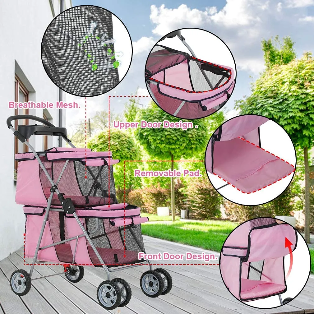 Dog Stroller Cat Strollers for Small Medium Dogs for 2 Cats Double Pet Strollers Doggie Stroller, Foldable Doggy Stroller Pet Carriers with 4 Wheels&Soft Pad, Pink