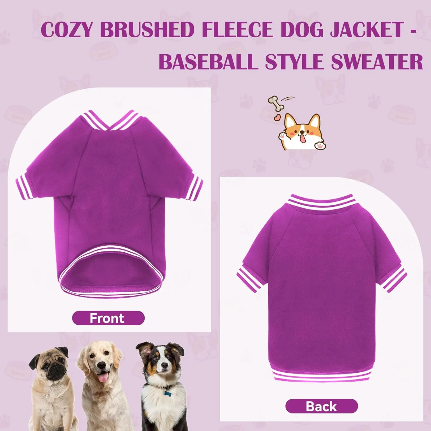 Dog Sweater Dog Clothes Brushed Fleece Baseball Jacket Soft Warm Dog Sweatshirt Dog Sweaters for Small Dogs Puppy Sweater Boy Girl Pet(Purple-XS)