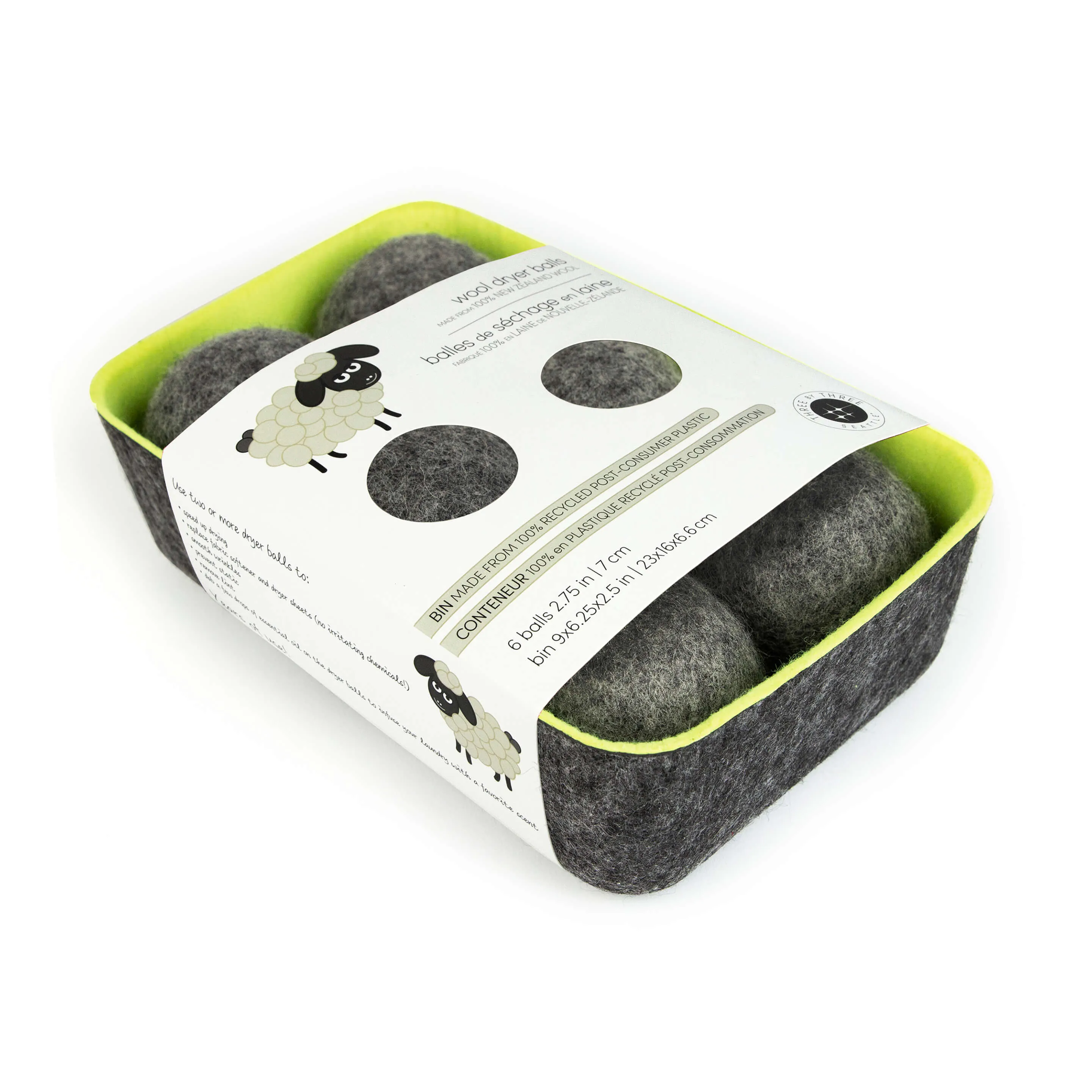 felt·like·it!™ dryer balls   storage bin s/6 GREY balls in GREEN felt bin