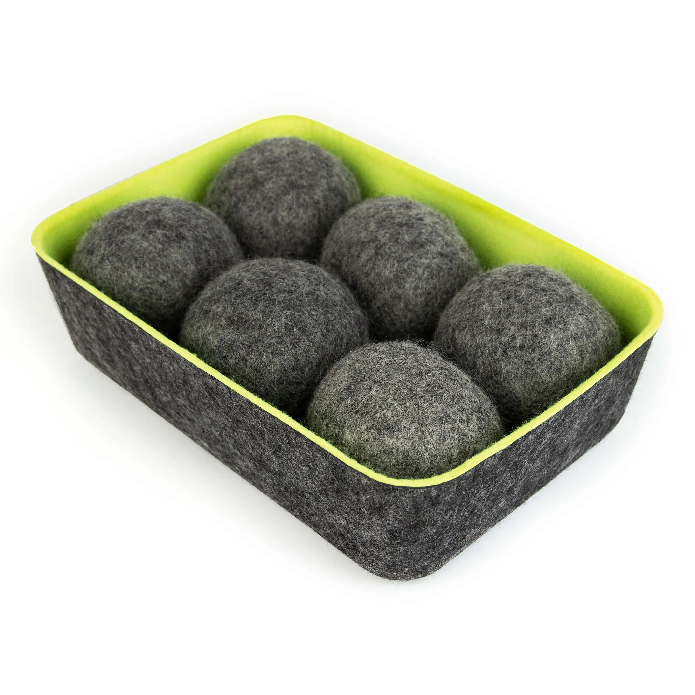 felt·like·it!™ dryer balls   storage bin s/6 GREY balls in GREEN felt bin
