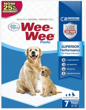 Four Paws Wee-Wee Superior Performance Unscented Pee Pads for Dogs & Puppies, Quilted Leak-Proof Dog Housebreaking Potty Training Floor Protection, 22" x 23", 7 Count