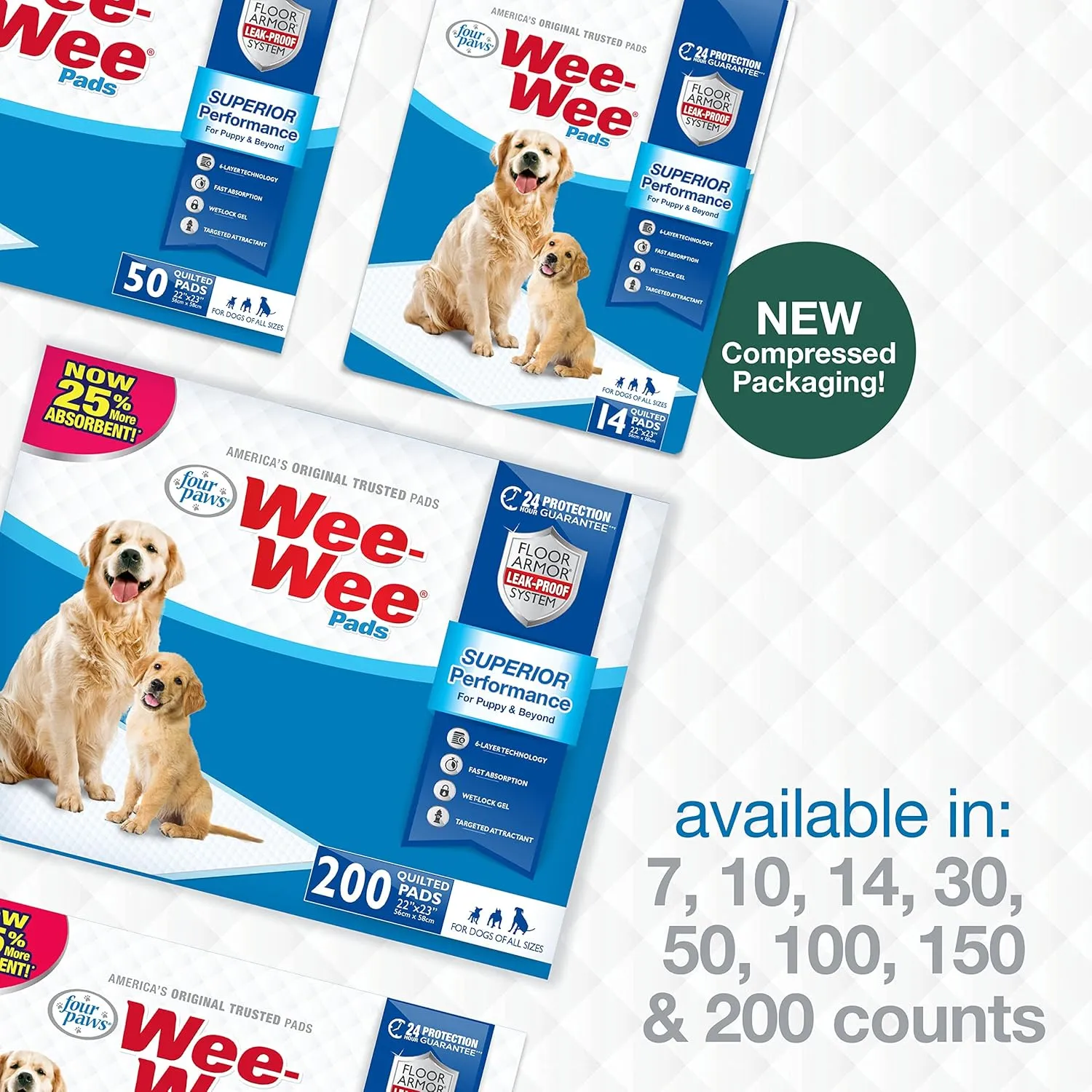 Four Paws Wee-Wee Superior Performance Unscented Pee Pads for Dogs & Puppies, Quilted Leak-Proof Dog Housebreaking Potty Training Floor Protection, 22" x 23", 7 Count