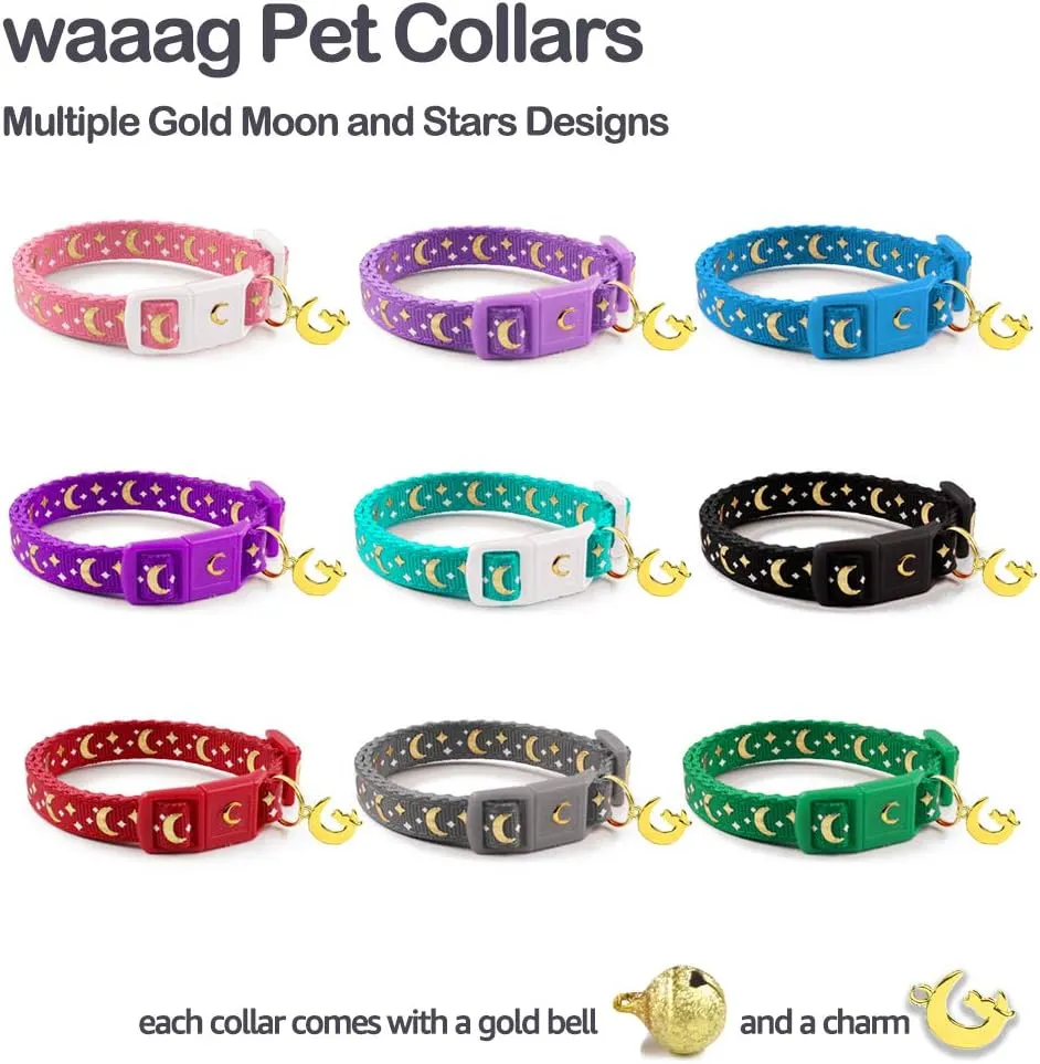 Gold Moons and Stars Safety Breakaway Cat Collar, Glow in The Dark (Standard 9"-15" Neck, Black)