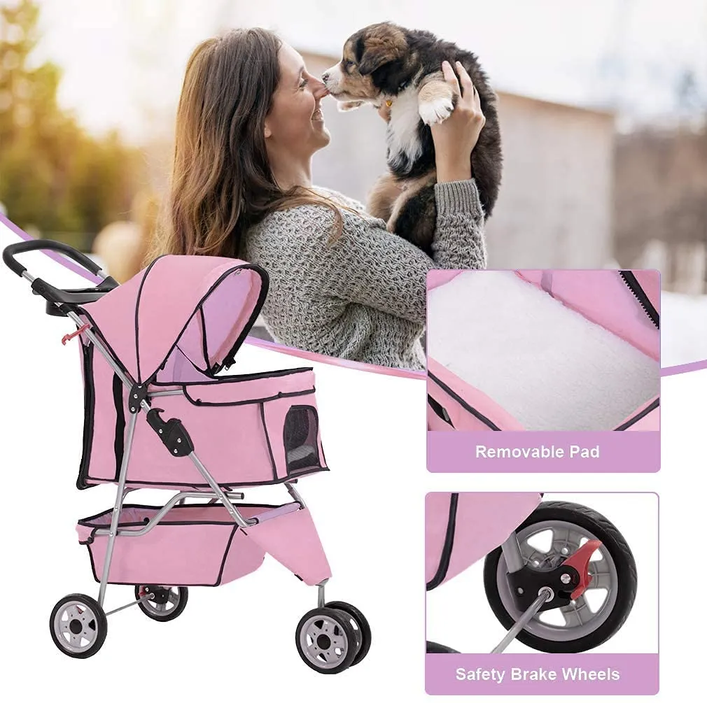 HGS Dog Stroller Pet Stroller 3 Wheels Travel Folding Carrier Strolling Cart for Medium Small Dogs&Cats, Pet Stroller Jogger Cat Dog Cage Pet Stroller, Pink