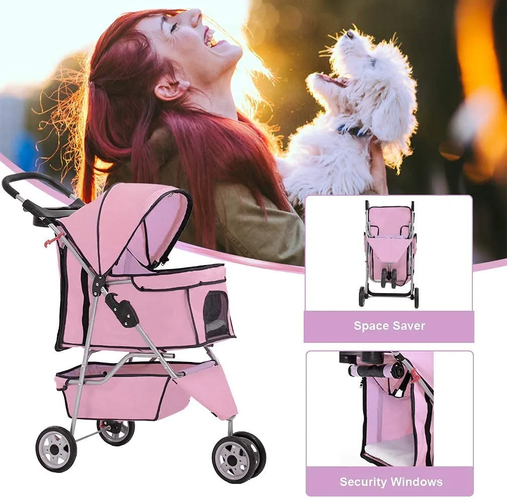 HGS Dog Stroller Pet Stroller 3 Wheels Travel Folding Carrier Strolling Cart for Medium Small Dogs&Cats, Pet Stroller Jogger Cat Dog Cage Pet Stroller, Pink
