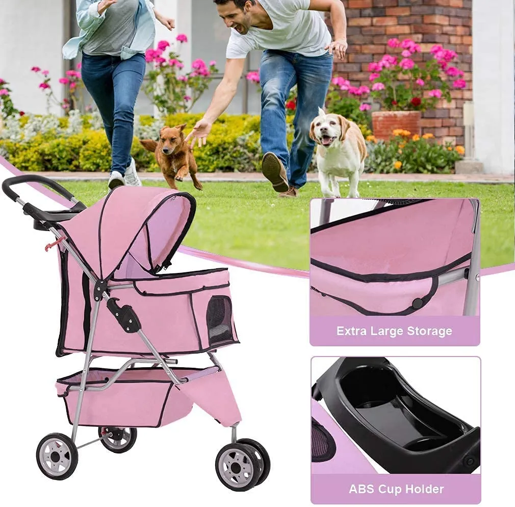 HGS Dog Stroller Pet Stroller 3 Wheels Travel Folding Carrier Strolling Cart for Medium Small Dogs&Cats, Pet Stroller Jogger Cat Dog Cage Pet Stroller, Pink