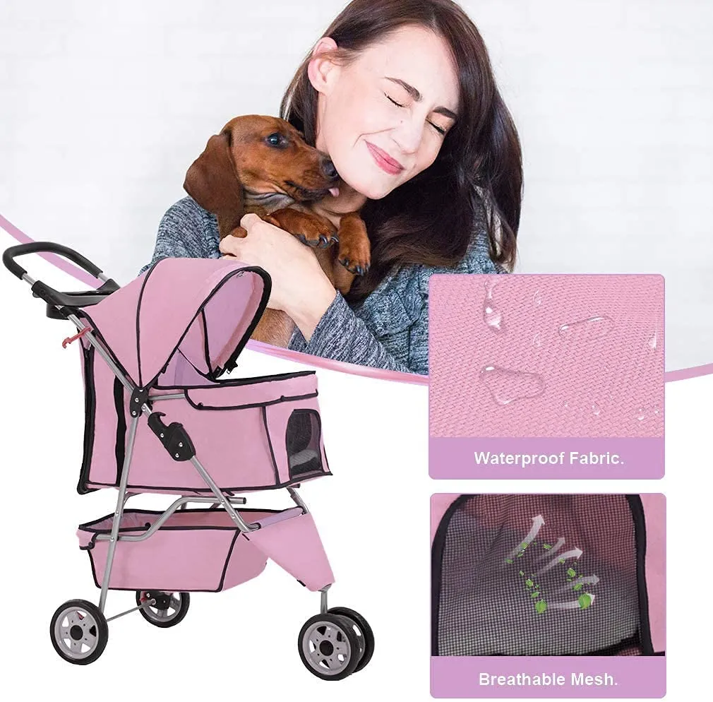 HGS Dog Stroller Pet Stroller 3 Wheels Travel Folding Carrier Strolling Cart for Medium Small Dogs&Cats, Pet Stroller Jogger Cat Dog Cage Pet Stroller, Pink
