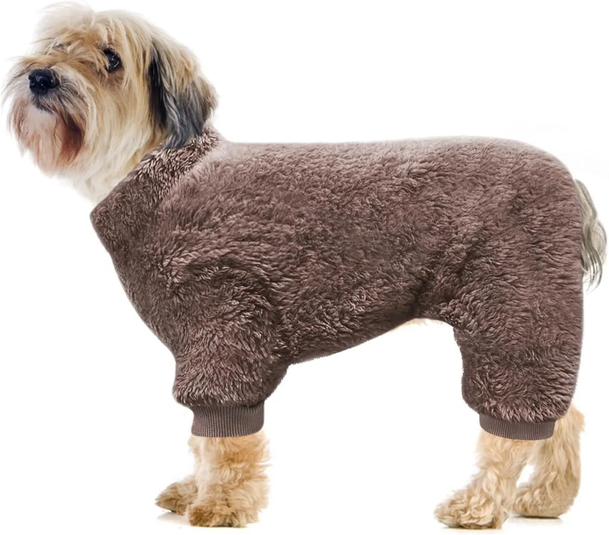 Idepet Velvet Dog Pajamas, Turtleneck Dog Sweater Fuzzy Plush Onesie Soft Cat Apparel Pet Clothes Winter Outfit Doggy Pjs Puppy Jumpsuit for Small Dogs Cats (Brown,XL)