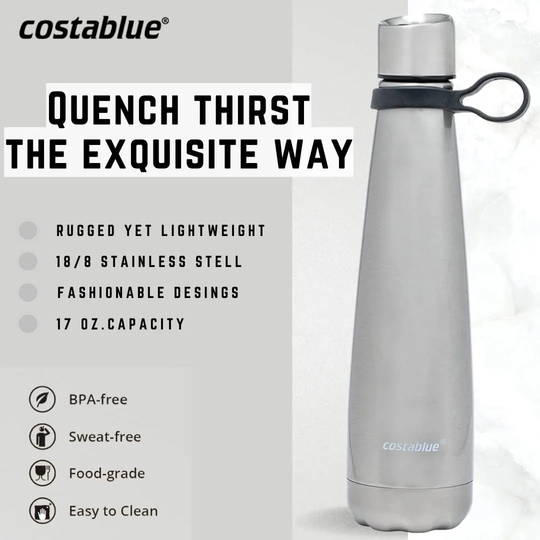Insulated Water Bottle - On-The-Go Refillable Stainless Steel Water Bottles For Adults, Reusable Thermos Travel Tumbler With Leak-proof Lid For Hot & Cold Beverages (17Oz. Stainless Steel)