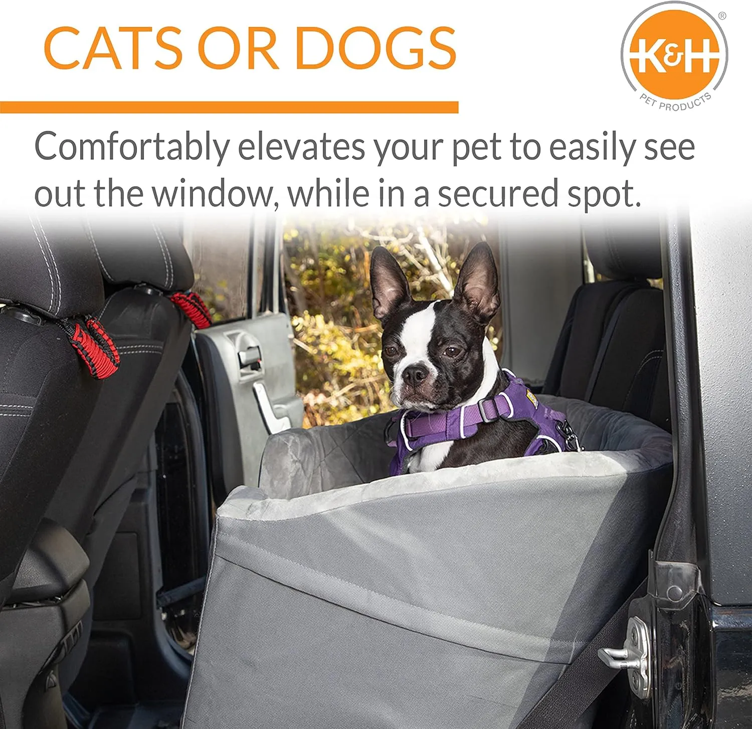 K&H Pet Products Bucket Booster Dog Car Seat, Seat Belt Secured, 2 Safety Leashes, Washable Covers, Sturdy Dog Booster Seats for Small to Medium Pets - Large Gray/Gray